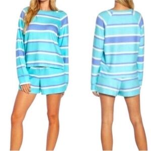 Wildfox NEW Lounge Set Sweatshirt Shorts Blue White Periwinkle Stripe Womens M